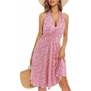 Huhot Floral Halter Neck Mini Dress Size XL Sleeveless Pink White Feminine Boho